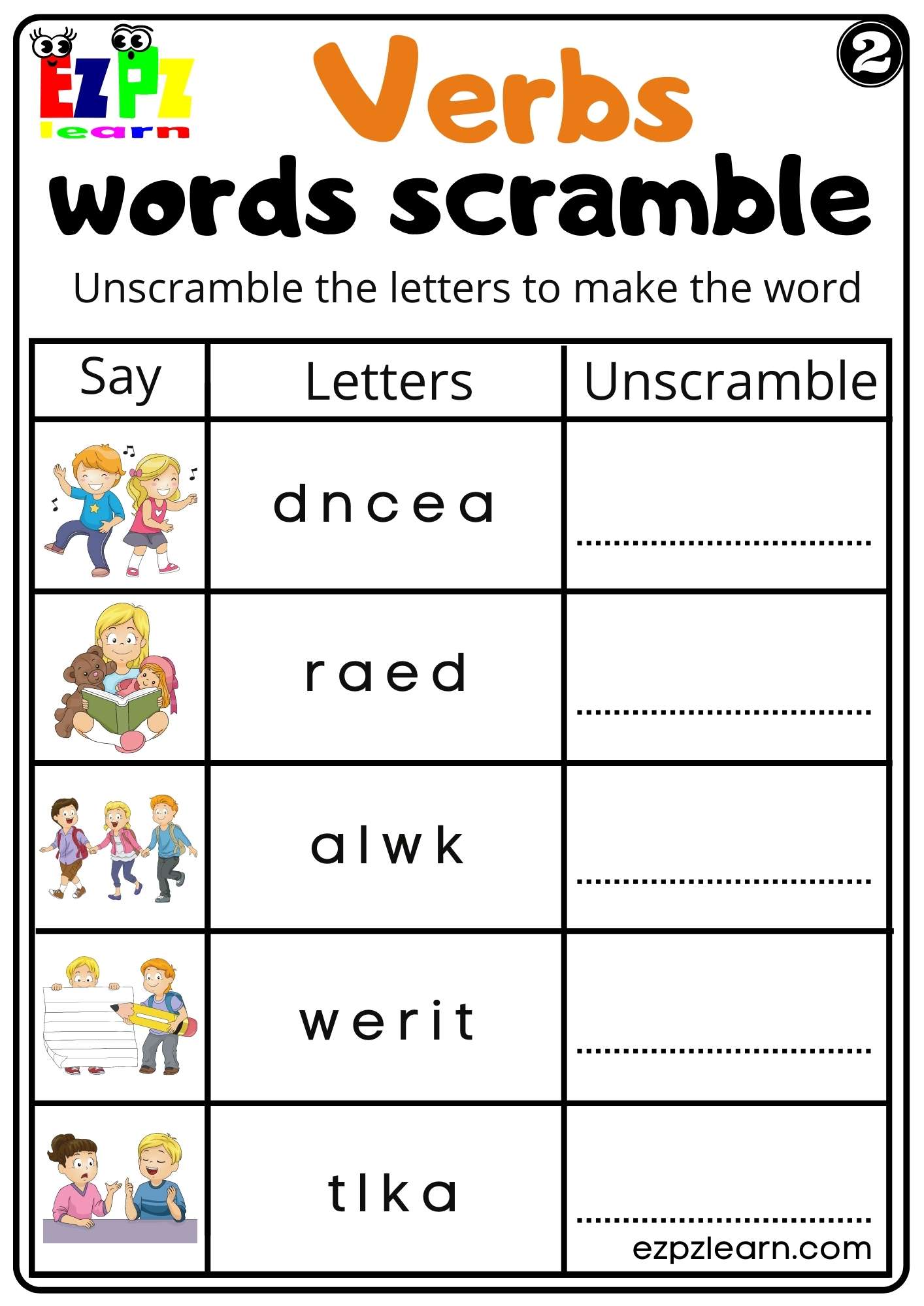 Verbs Word Scramble Worksheet for Home Schooling K5 and ESL PDF Download Set 2